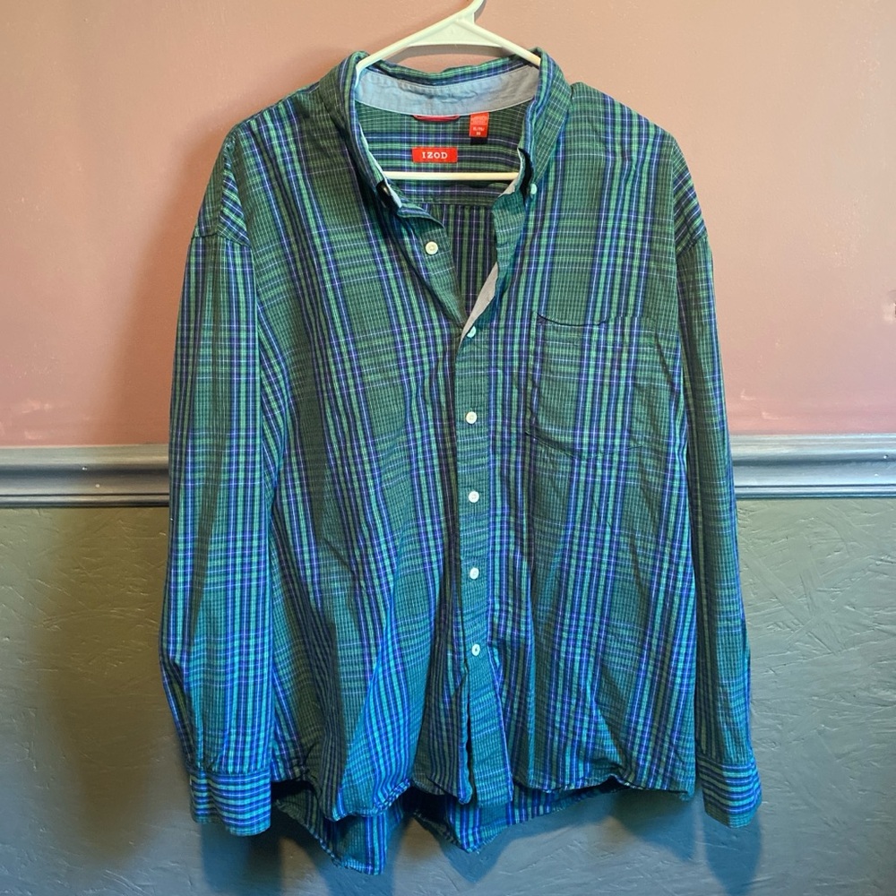 Izod Green And Blue Plaid Button Up Shirt